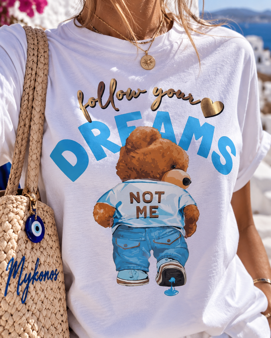 Damen T-Shirt Weiß – Teddy Bärenprint Hellblau Dreams Baumwolle Elasthan Größe 38–42