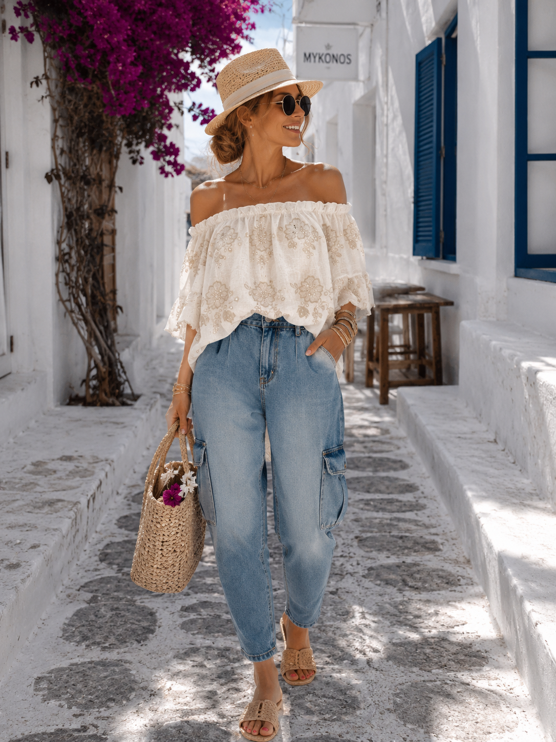 Ibiza Carmen Bluse Damen Weiß | Off Shoulder Bluse mit Stickerei | 100% Baumwolle | Größe 38–42