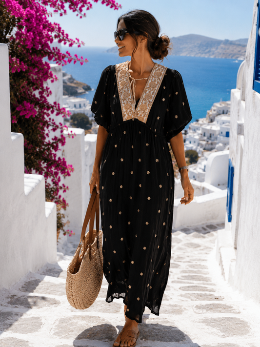 Damen Boho Maxikleid Schwarz – Kleid mit Gold-Pailletten & Rückenausschnitt | Sommerkleid 38–42