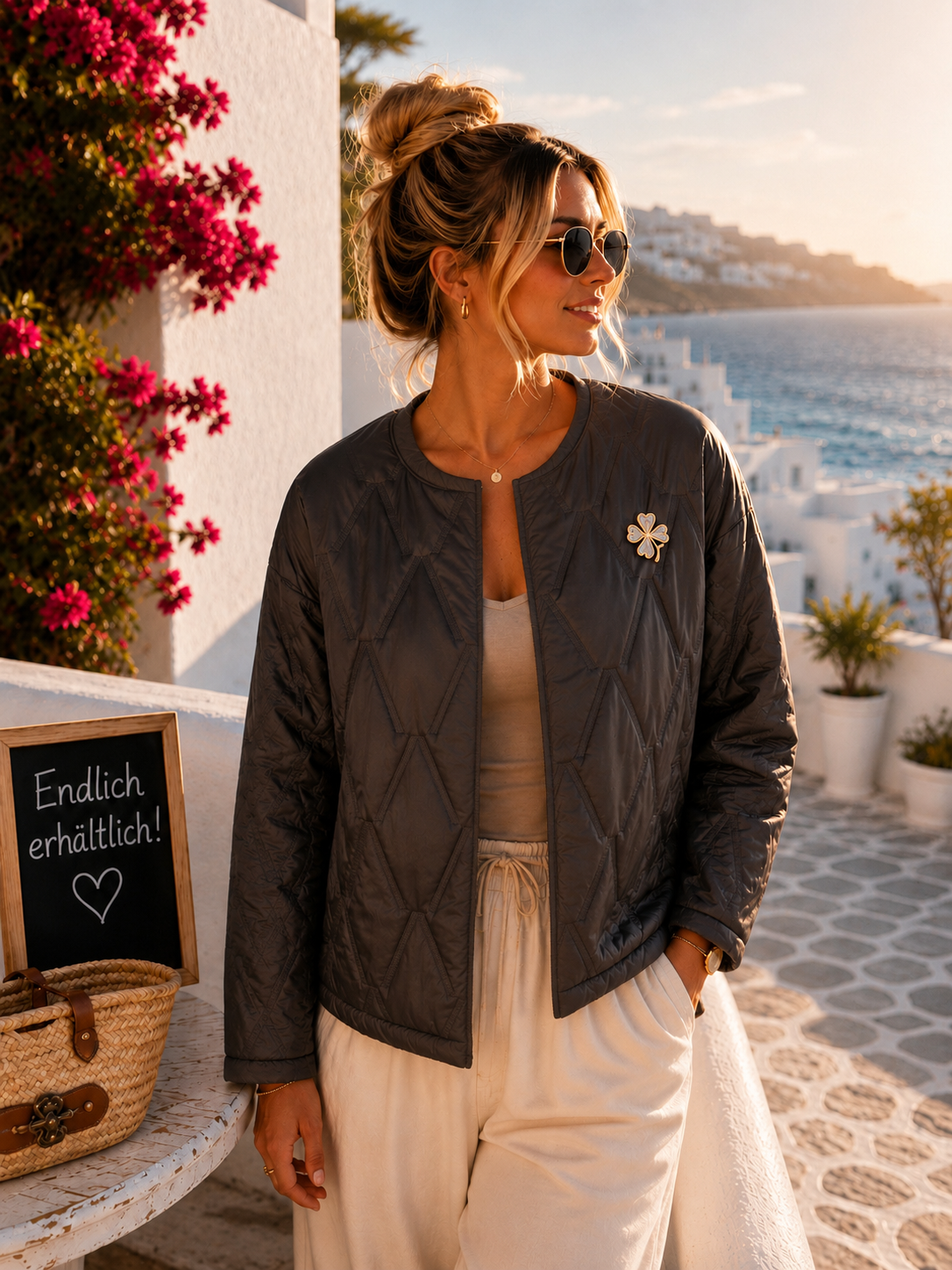 Leichte Damen Steppjacke mit Brosche | Dünne Übergangsjacke 36–42