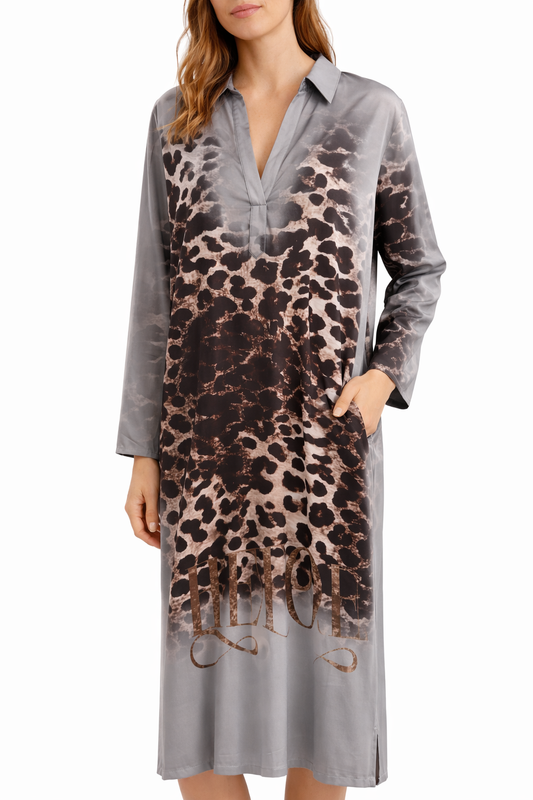 Yippie Hippie Midi Kleid Damen – Graues Sommerkleid mit Leopardenprint