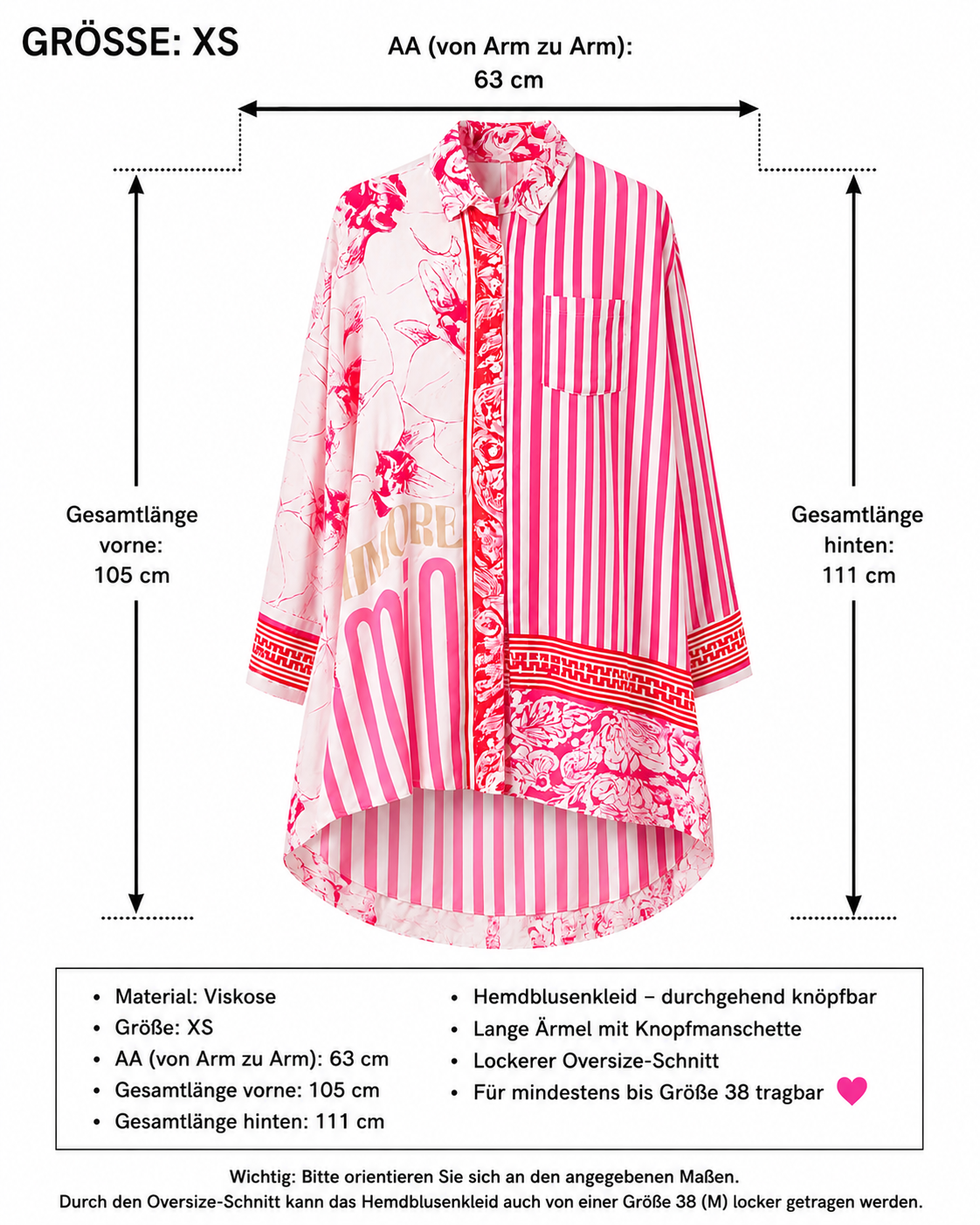 Yippie Hippie Curvy Oversize Shirt Dress Pink-Red – Exclusive Boho Summer Dress Made of Viscose