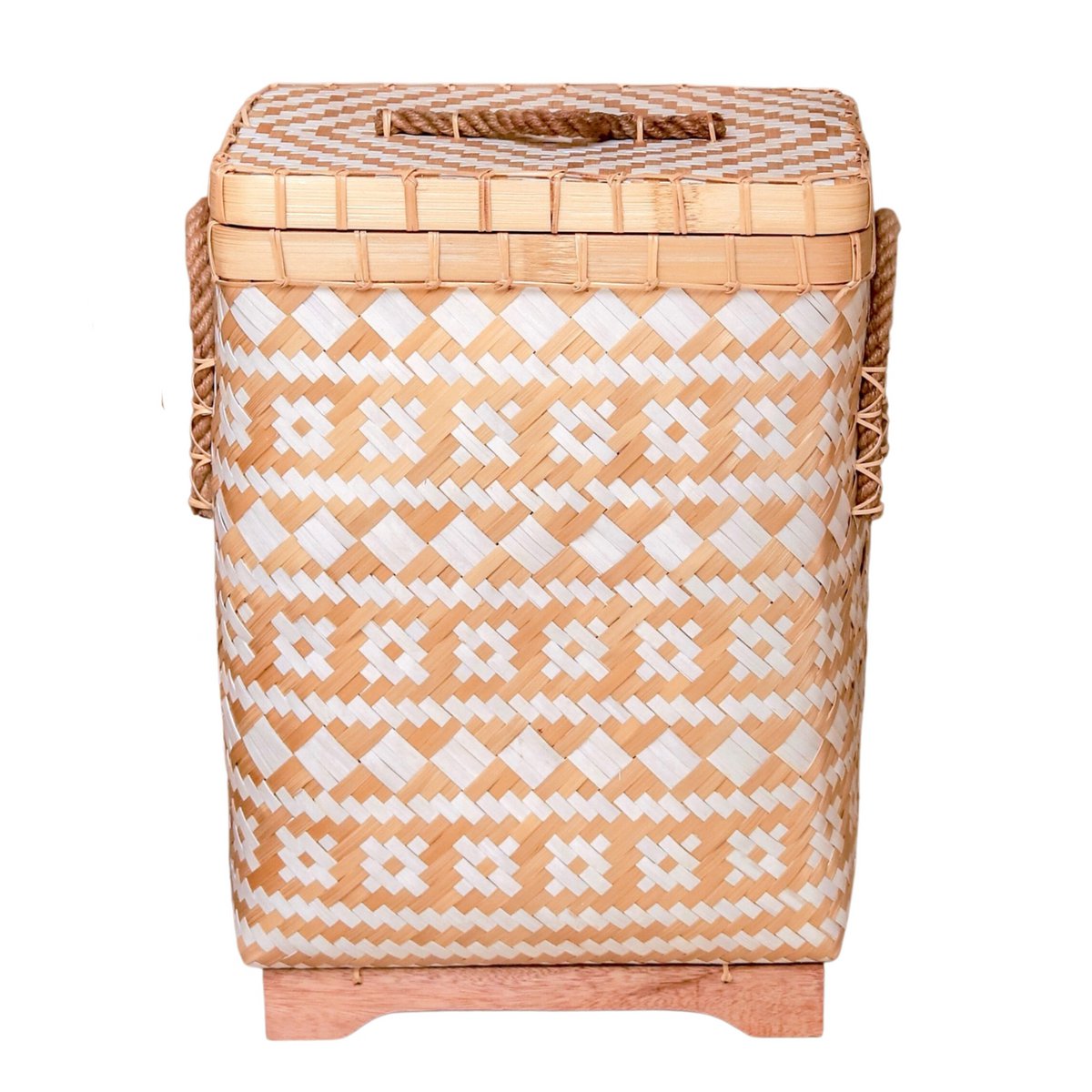 Wäschekorb mit Deckel DARI, handgewebt aus Bambus mit beige-weißem Zick-Zack-Muster