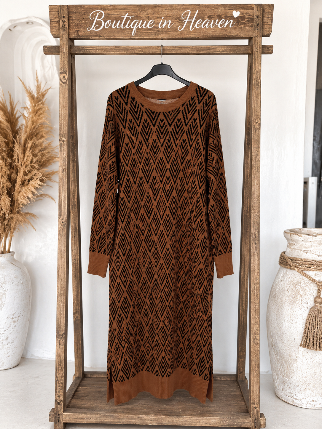 Designer Style Strickkleid Braun-Schwarz – Elegantes Midikleid mit Muster (S/M & M/L)