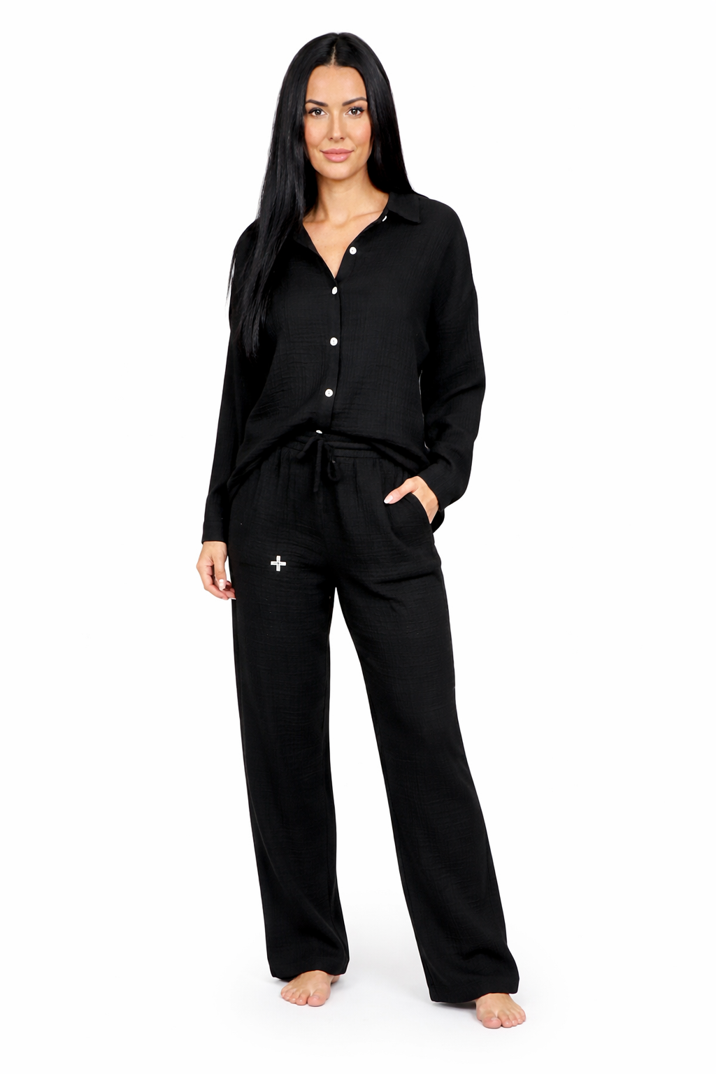Sommer Zweiteiler Damen Musselin – Baumwolle Set Bluse & Hose 38–42+