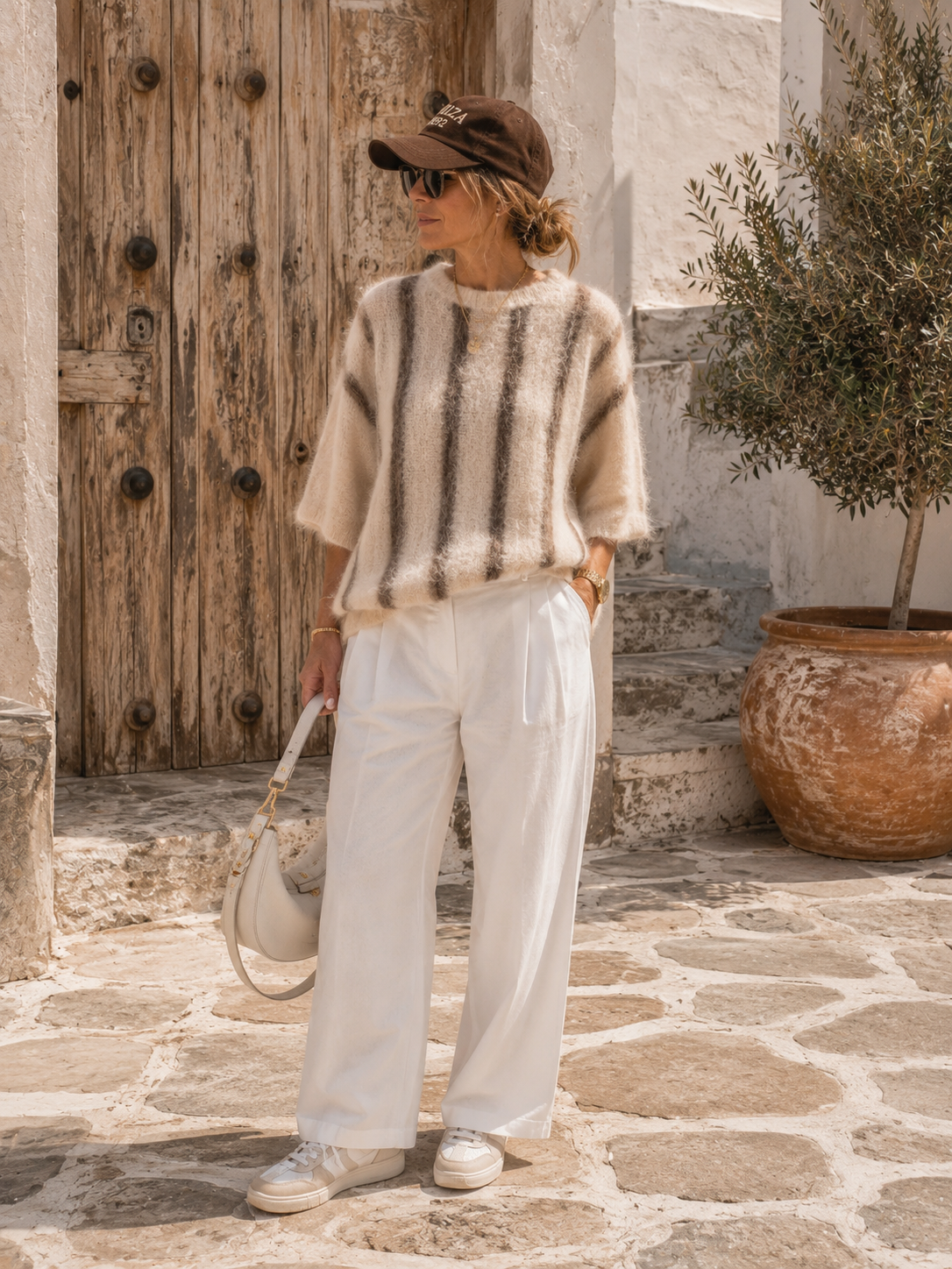 Damen Strickpullover Kurzarm Oversize Beige Taupe gestreift Gr. 40–44