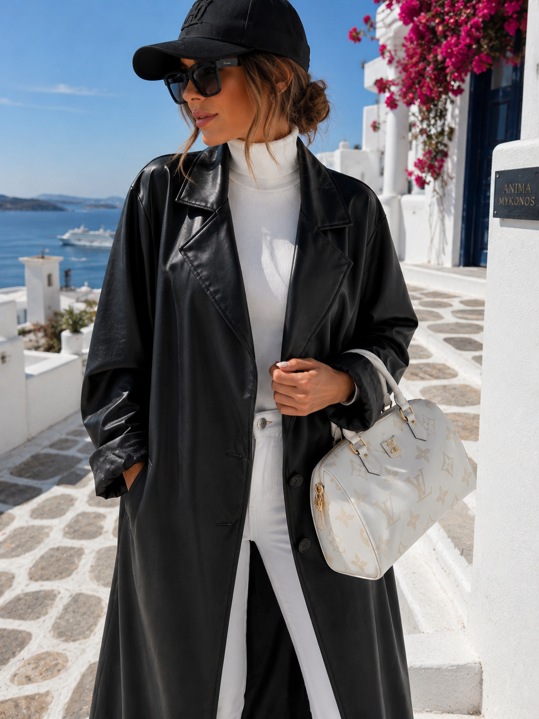 Oversize Faux Leather Coat Black – Long Women's Coat in Leather Look