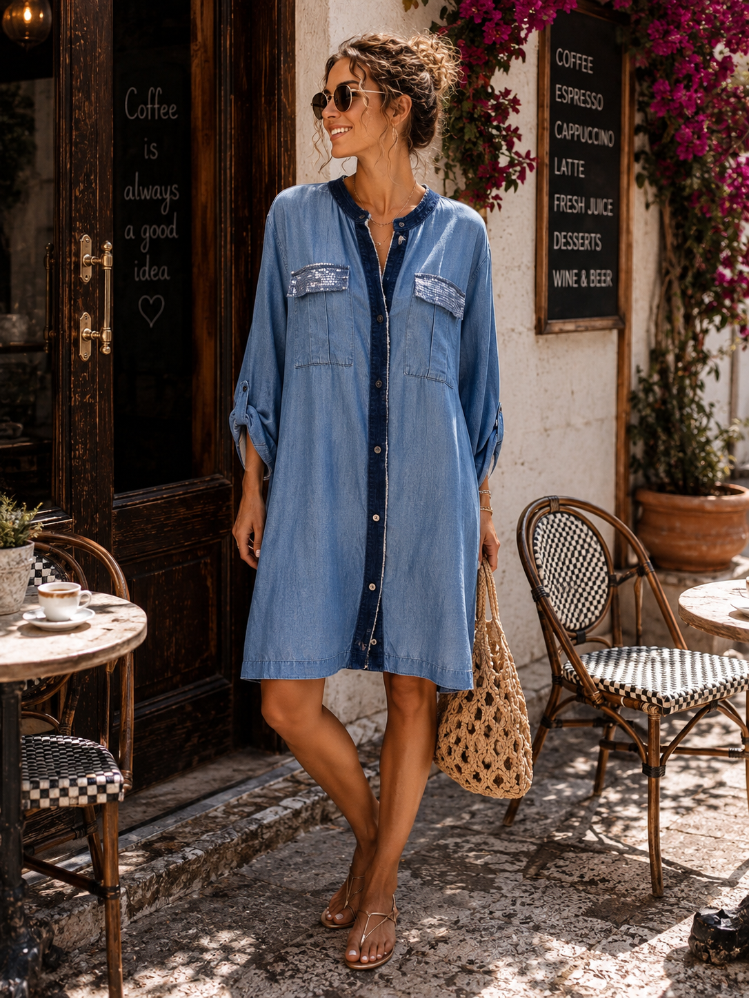 Jeanskleid mit Pailletten-Taschen & Used-Details (38–42)