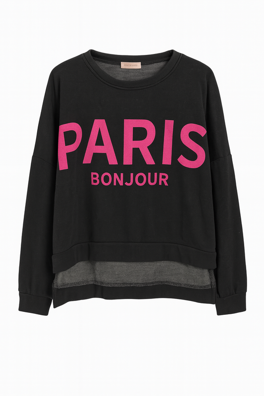 Oversize-Sweatshirt „PARIS“ – Schwarz/Neonpink