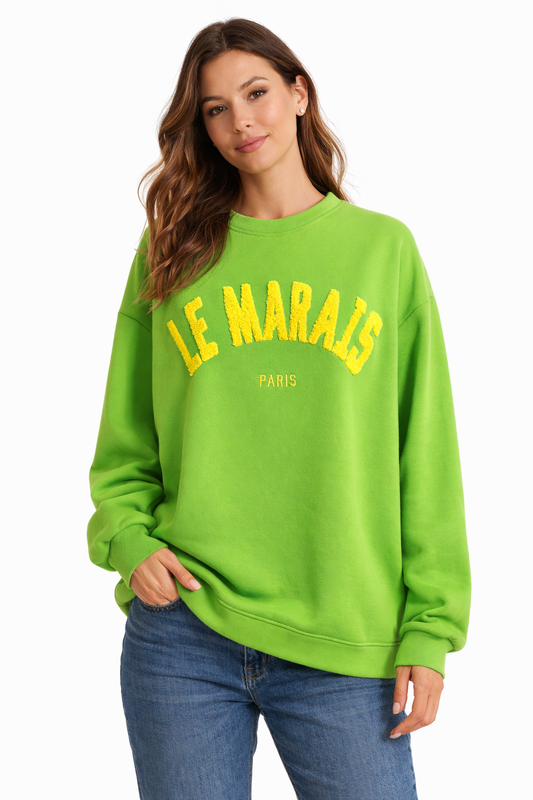 Damen Oversize Sweatshirt Neon Grün – Le Marais Paris Pullover mit gelbem 3D-Print