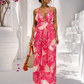 Women's Pink and White Summer Dress - Maxi Dress with Leaf Print & Cut-Out Back (Sizes 38–42) Cotton Boho Dress
