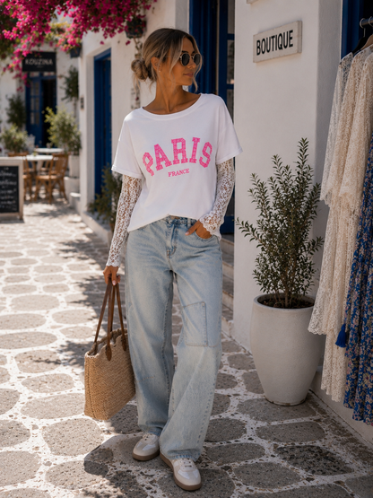 Paris Sweatshirt Women 100% Cotton | Neon Print | Lace Sleeves | Oversize 38–42 | 4 Colors