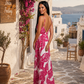Women's Pink and White Summer Dress - Maxi Dress with Leaf Print & Cut-Out Back (Sizes 38–42) Cotton Boho Dress