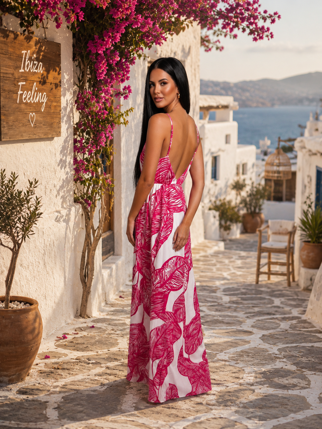 Women's Pink and White Summer Dress - Maxi Dress with Leaf Print & Cut-Out Back (Sizes 38–42) Cotton Boho Dress