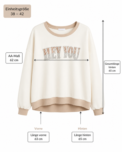 Leichter Damen Sweater aus Viskose – Oversize Pullover mit Glitzer-Schriftzug HEY YOU (38-42)
