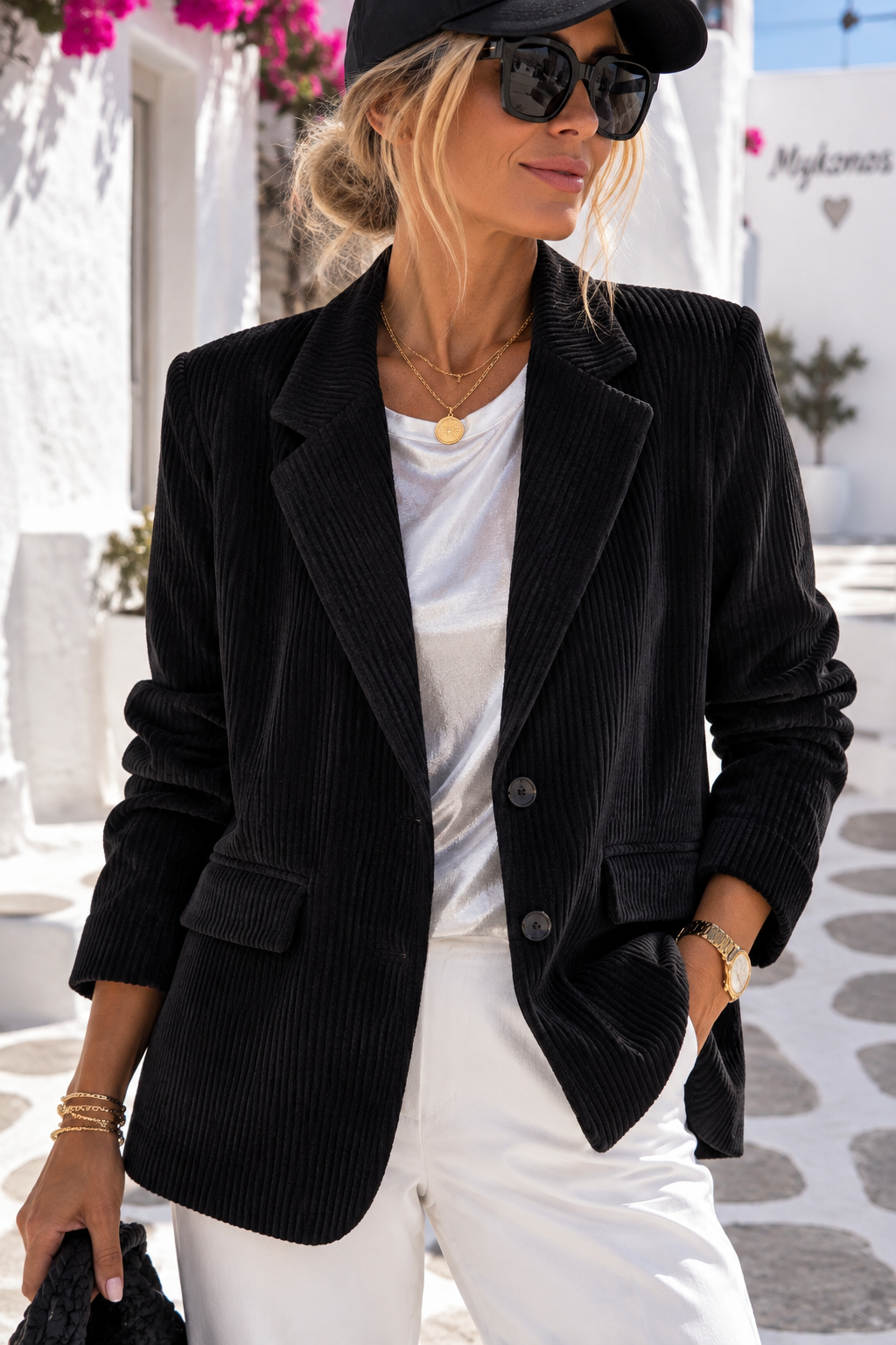 Damen Cordblazer Schwarz Oversize Blazer mit Taschen Gr. 38–44