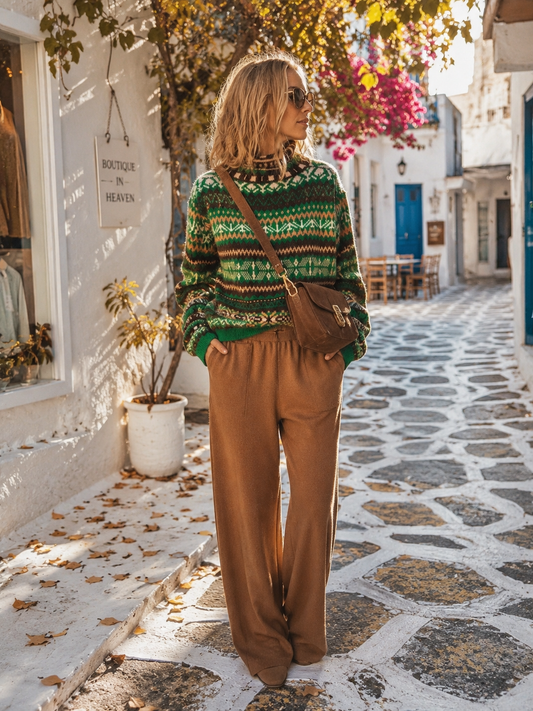 Norweger Strickpullover Grün/Braun mit Rollkragen – Herbstlook | 38–42 | Boutique in Heaven