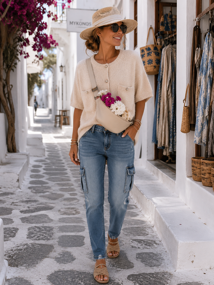 Creme Strickbluse Damen Oversize | Luxus Soft Knit mit Schmuckknöpfen | Ibiza & Mykonos Style 38-42+