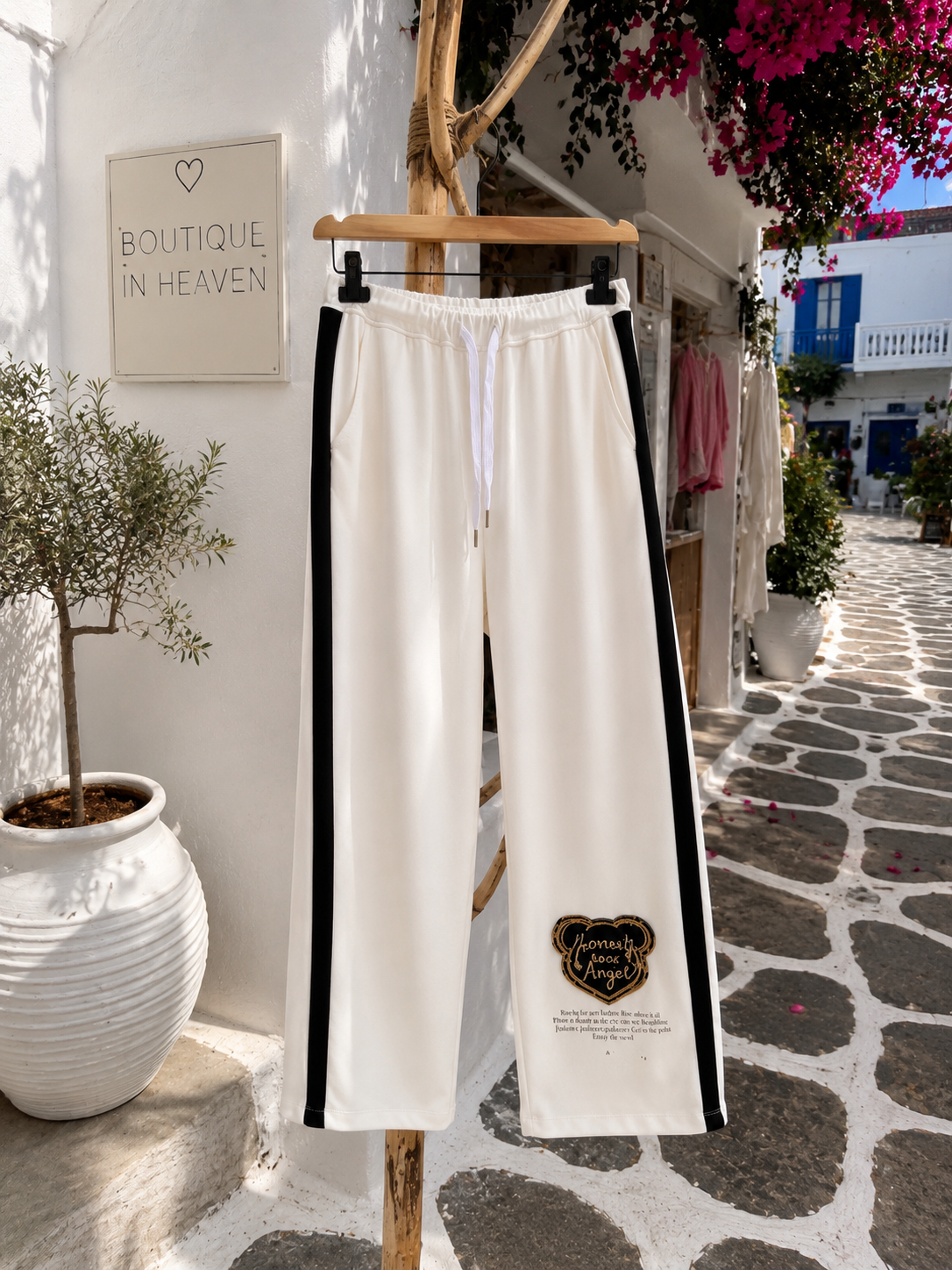 🤍 White Angel Jogger – White Stretch Pants with Contrast Stripes & Statement Patch (36–42)
