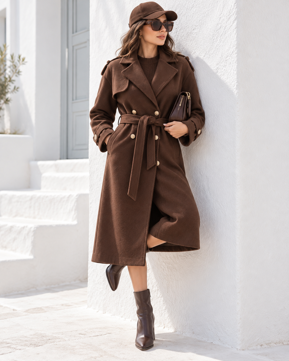 Damen Trenchcoat mit Bindegürtel und goldfarbenen Knöpfen – Schwarz oder Dunkelbraun – Größe 38–42