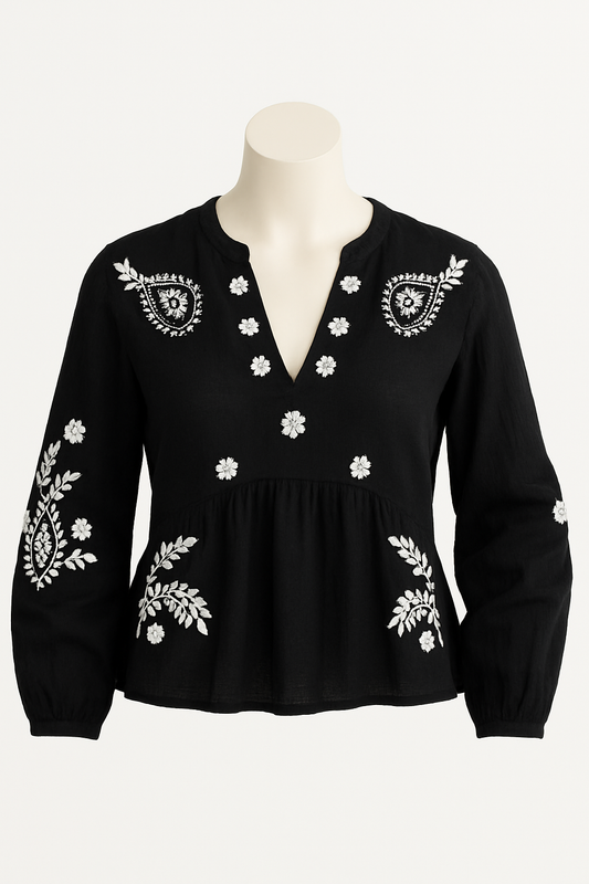 Schwarze Tunika-Bluse mit floraler Stickerei – Lockerer Sitz