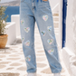 Women's Light Blue Jeans with Heart Patches | Cotton-Stretch Jeans