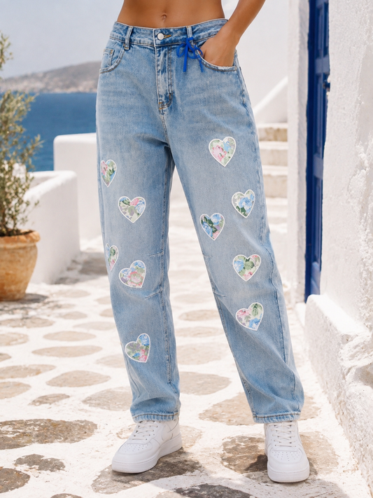 Damen Jeanshose Hellblau mit Herz-Patches | Baumwoll-Stretch Jeans (die letzte in L)