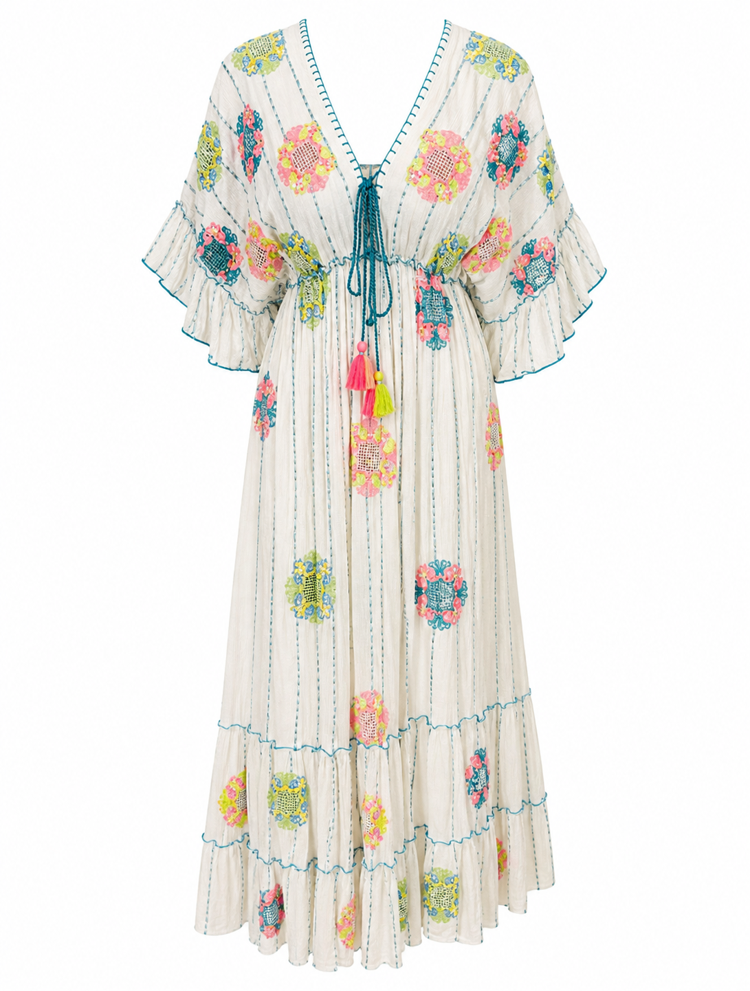 Boho Maxikleid Weiß mit Stickerei & Pailletten – luftiges Sommerkleid Damen (38–42)