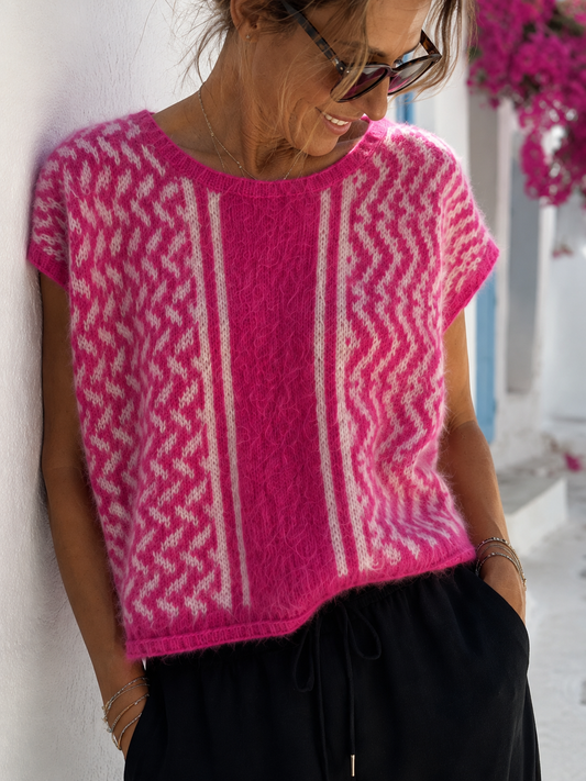 Yippie Hippie Damen Strickpullunder Pink mit Muster – Alpaka Mix Kurzarm