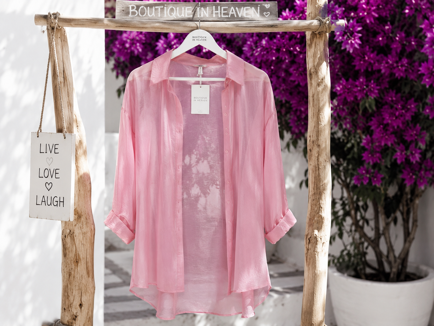 Women's Pink Blouse – elegant semi-sheer oversized blouse with shirt collar | One Size 38–44