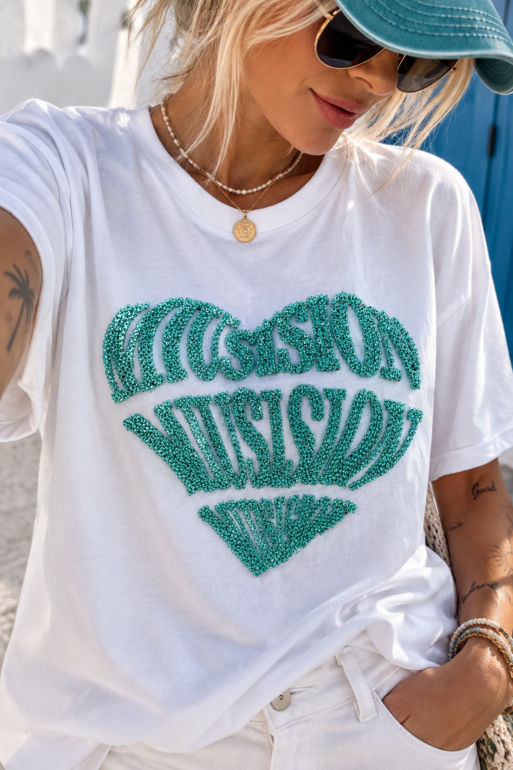 💚 Statement T-Shirt Herz Grün – Glitzer & Strass | Baumwollshirt S/M