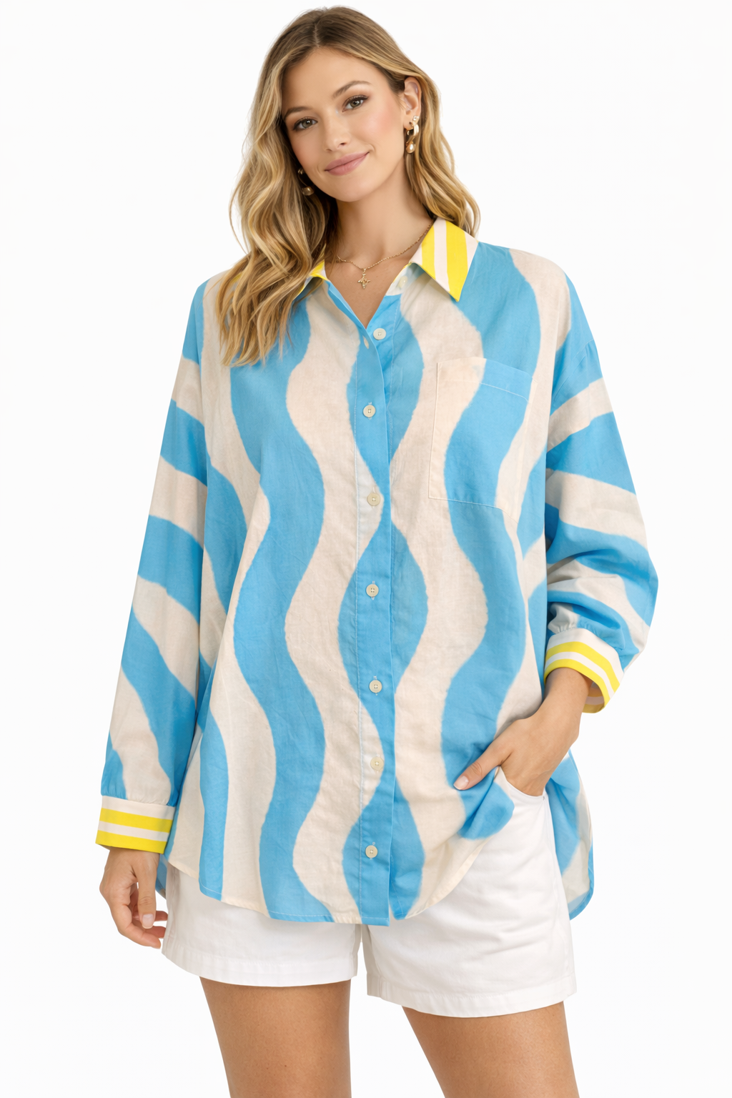 Yippie Hippie Damen Langarmbluse Blau-Weiß mit Wellenmuster & Ciao Bella Print – Baumwolle