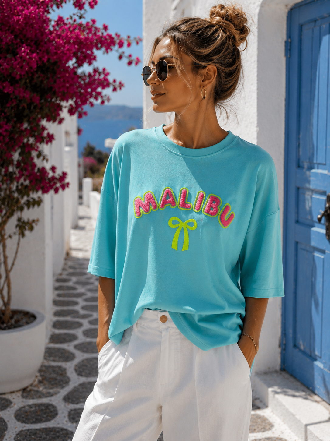 Women's Malibu Sweatshirt Turquoise - Short Sleeve Cotton Shirt with Neon Print | Summer Shirt 38–42 🌴💙☀️