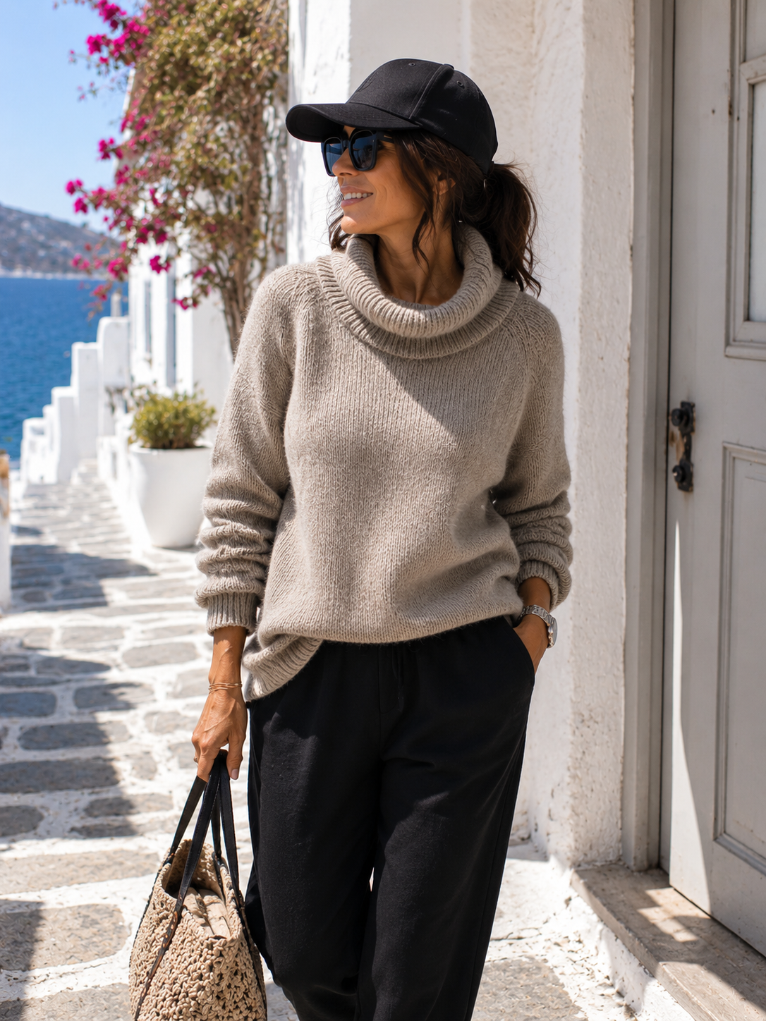 🌴 Damen Strickpullover Mykonos Style – Off-Shoulder & Wasserfall-Rollkragen (38–42) ✨