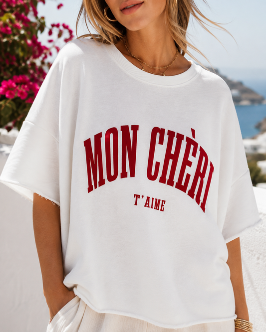 Damen Kurzarm Sweatshirt Weiß mit MON CHÉRI Print – Baumwolle (38–42)