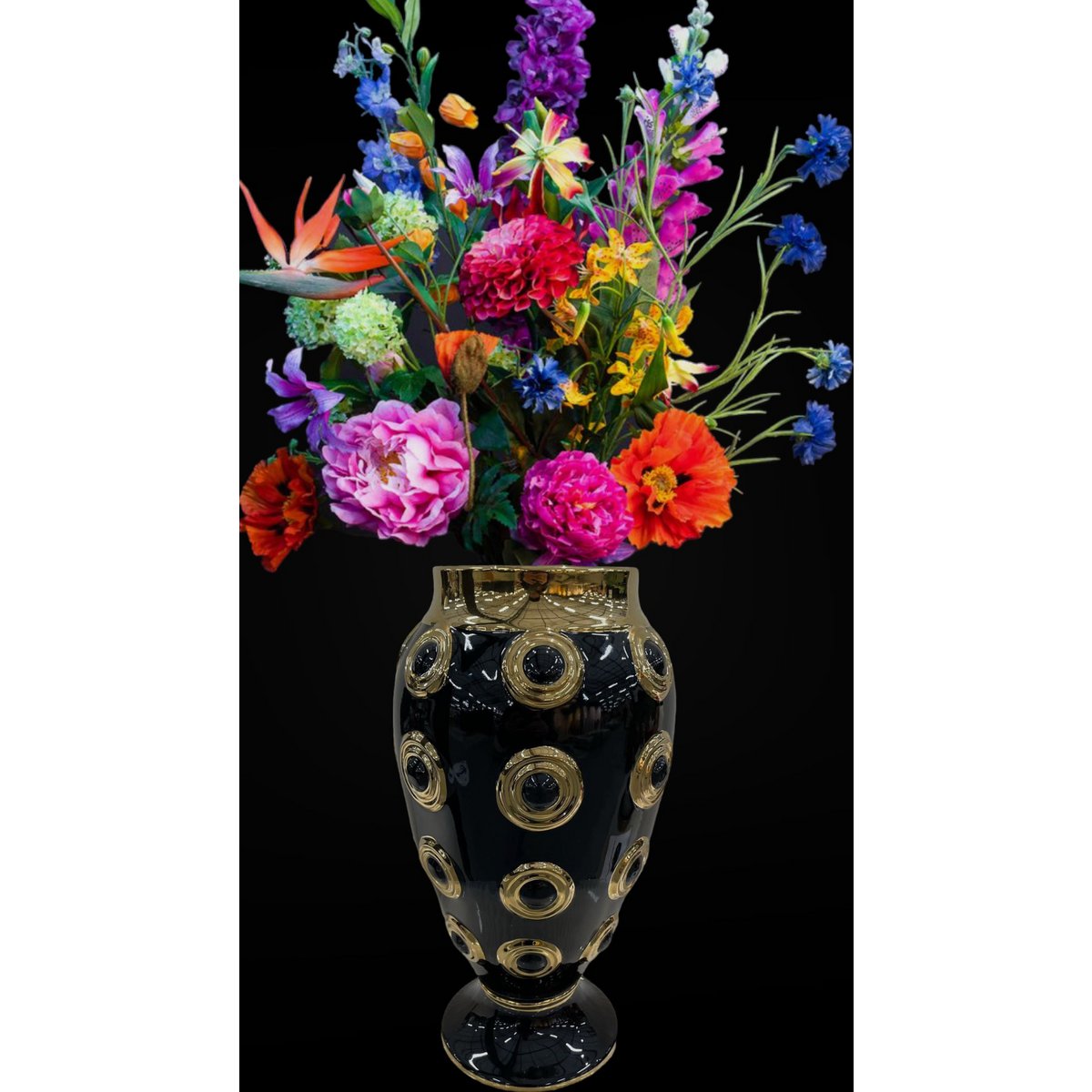 Goldene große Vase mit 4 Kreisen, H46 cm (CV11619-17zwart schwarz)