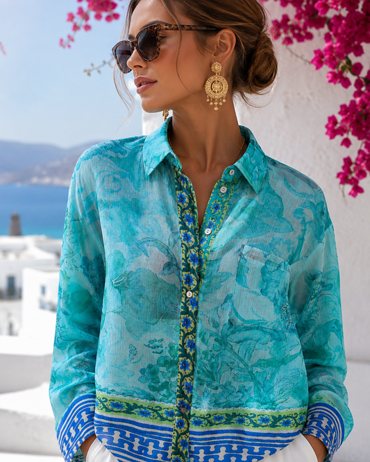 Hippie Hippie Blouse Turquoise Aqua | Luxury Oversize Viscose Blouse | Ibiza & Mykonos Style 🌴