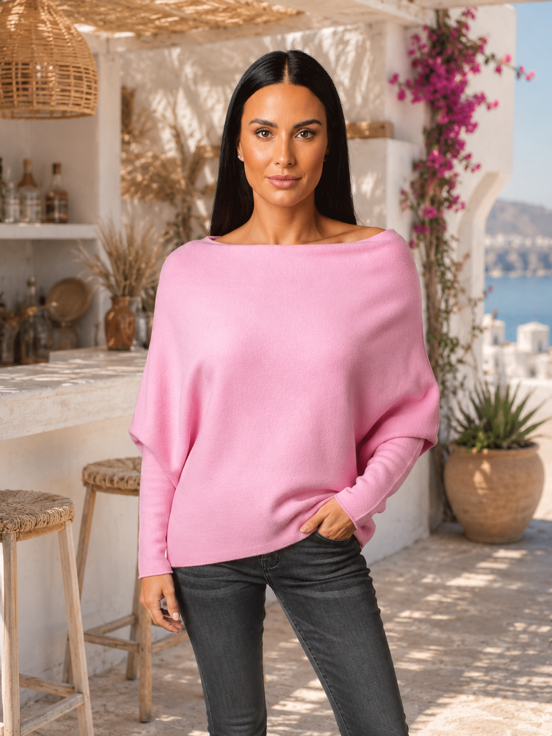 Asymmetrischer Feinstrickpullover mit Wasserfall-Ausschnitt – Lila & Rosé 34-38