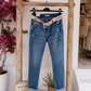 Jeans Damen Blau Stretch mit Flechtgürtel | Krempelsaum mit Schmuckstein | Baumwolle | verschiedene Größen