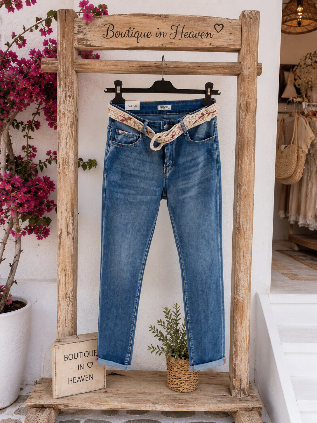 Jeans Damen Blau Stretch mit Flechtgürtel | Krempelsaum mit Schmuckstein | Baumwolle | verschiedene Größen