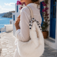 Weiße Damen Felltasche – Shopper mit Zopfgriff, Reißverschluss & Umhängegurt | Große Schultertasche