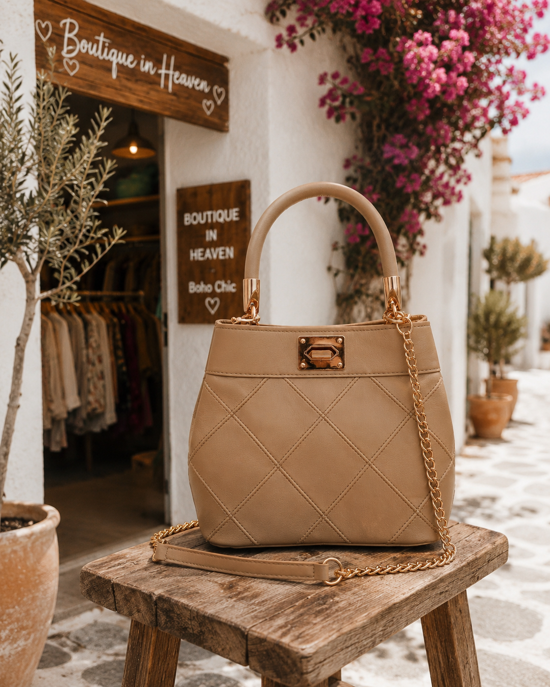 Beige Damen Handtasche – elegante Steppoptik mit Kettenriemen & Umhängegurt