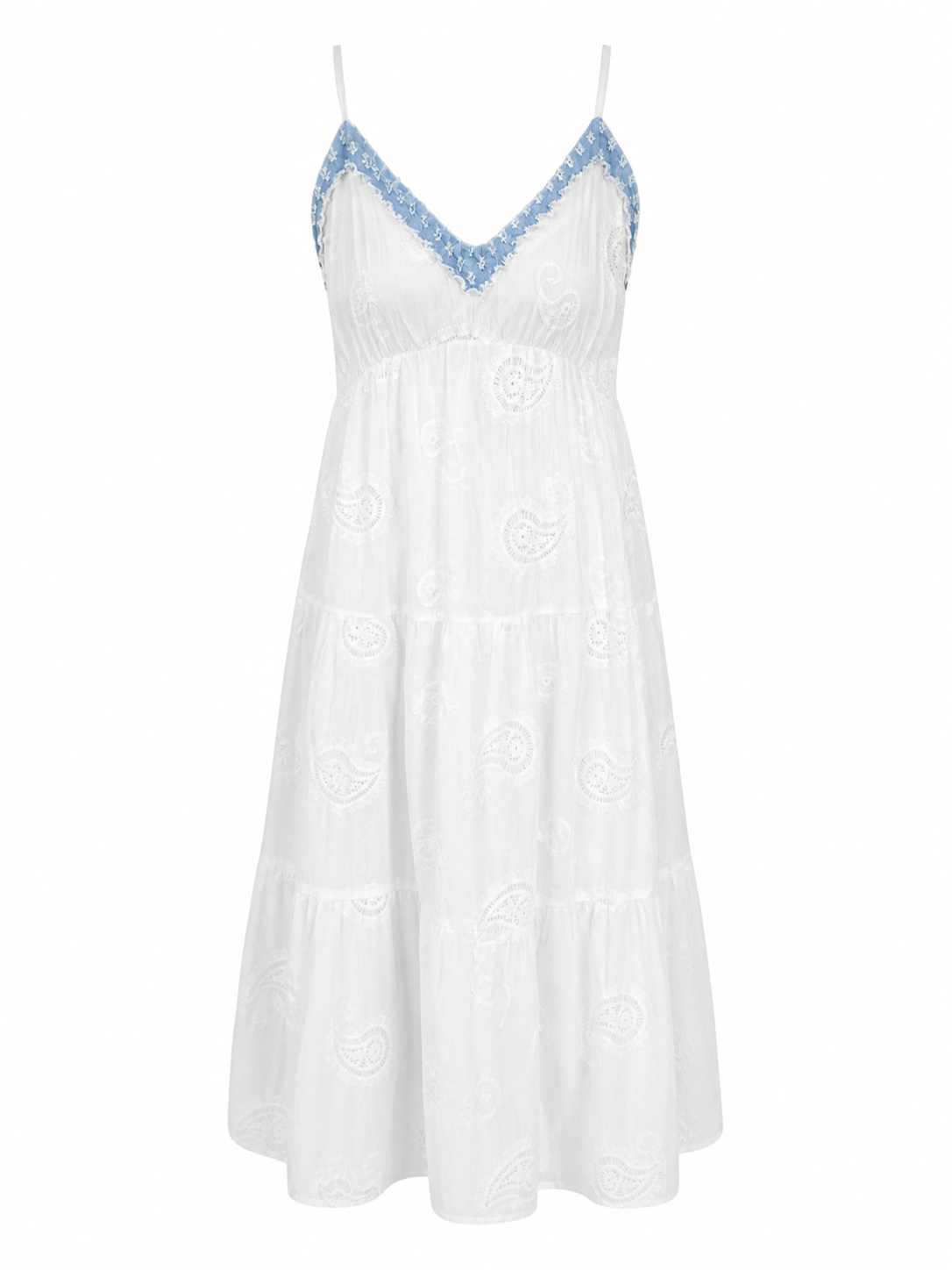 Damen Baumwollkleid Weiß mit Stickerei – Sommerkleid mit Unterrock & Denim-Detail | Boho Midikleid (38-42)