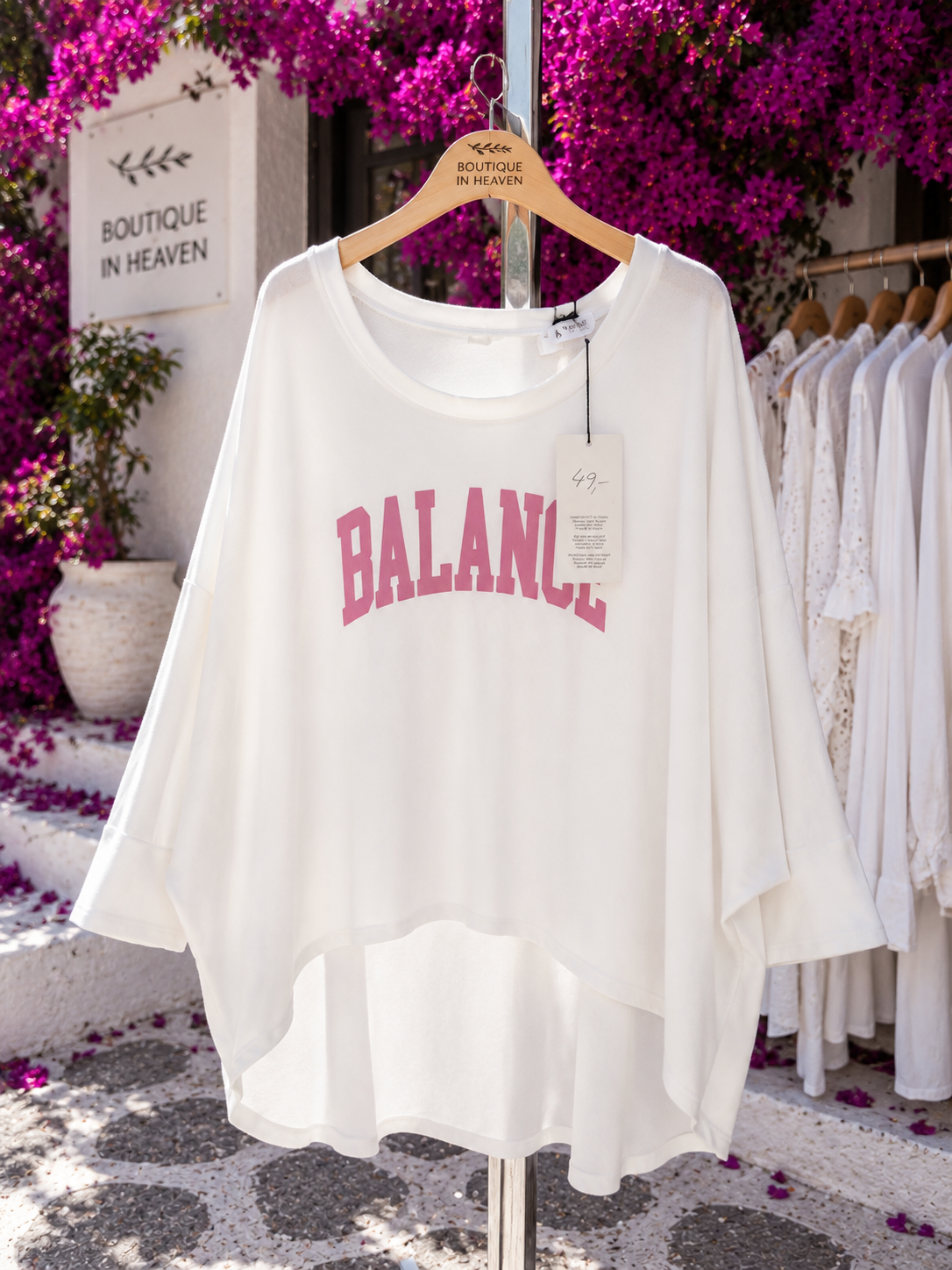 Oversize Sweatshirt „BALANCE“ Weiß/Pink – Baumwolle mit V-Rücken | 42–46 | Boutique in Heaven