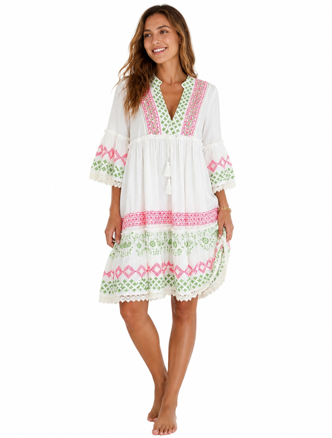 Boho Tunika Kleid Weiß – Midikleid mit Stickerei & Pailletten | Sommerkleid Damen (36–40)