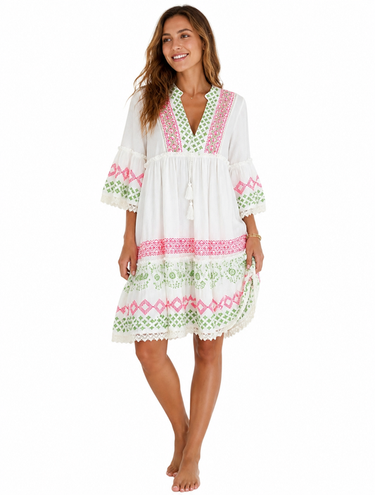 Boho Tunika Kleid Weiß – Midikleid mit Stickerei & Pailletten | Sommerkleid Damen (36–40)