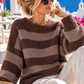 Oversize Strickpullover Damen Braun-Beige gestreift – Kuschelweich (38–42+)