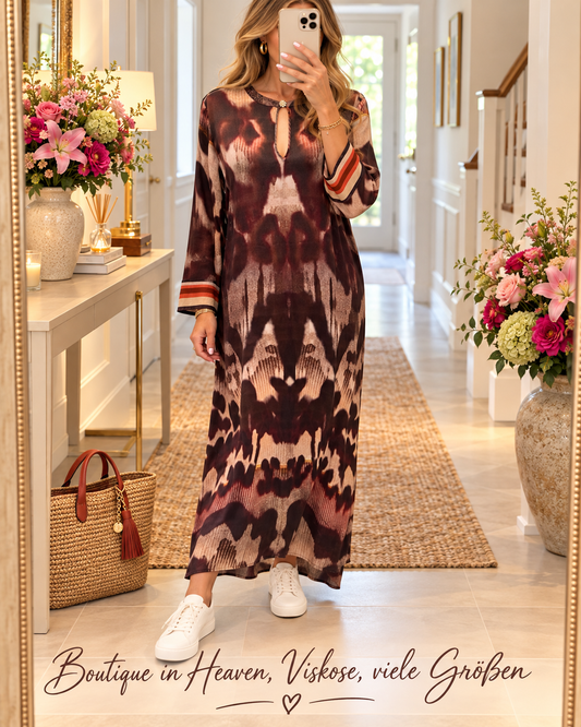 Yippie Hippie Maxikleid Braun – 100% Viskose, Langarm, Seitentaschen, Boho Sommerkleid Damen