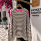 Women's Oversized Knitted Jumper Grey White Striped with Neon Accents | Sizes 10–14 | Cosy Fine Knit