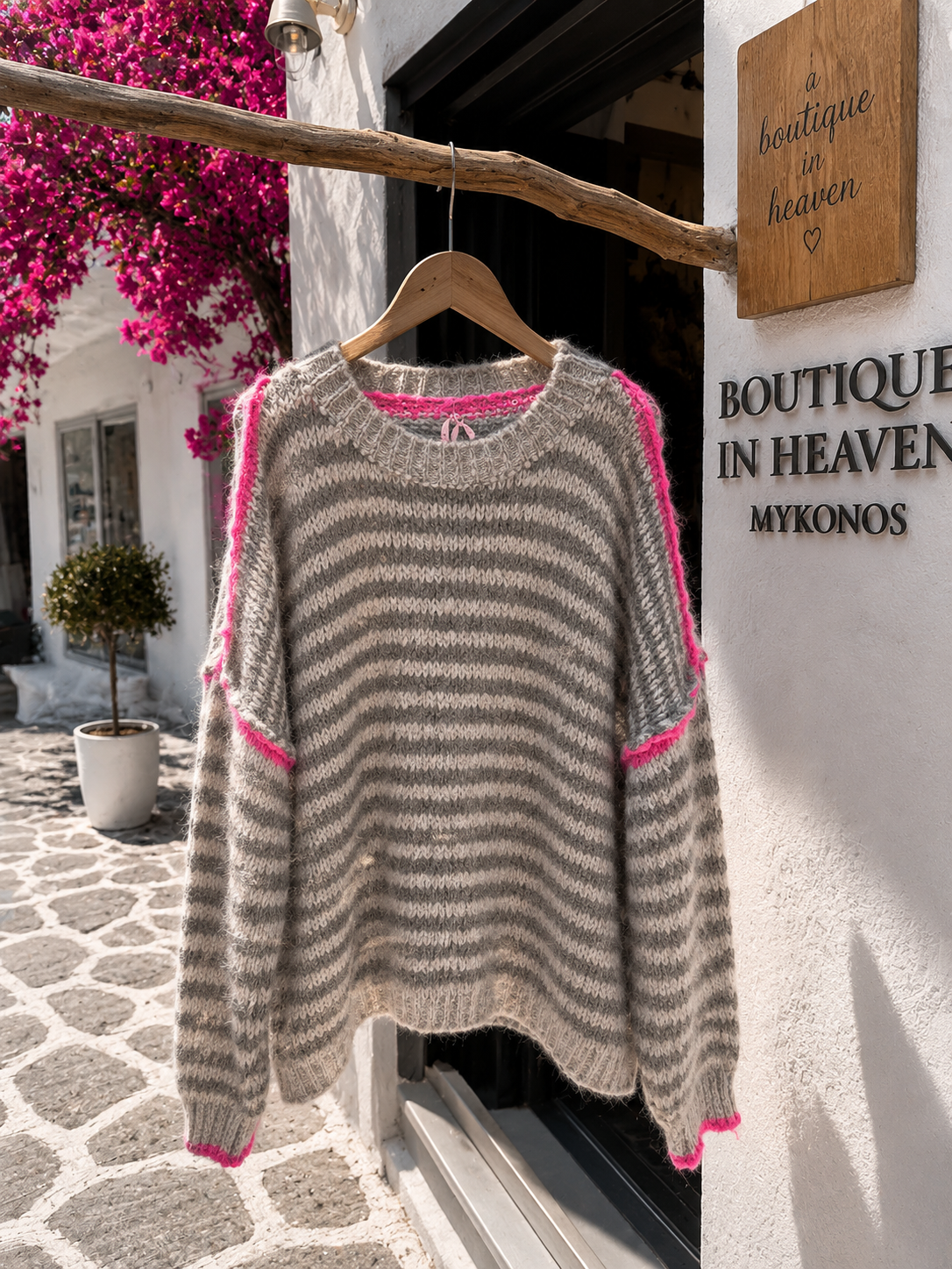 Women's Oversized Knitted Jumper Grey White Striped with Neon Accents | Sizes 10–14 | Cosy Fine Knit